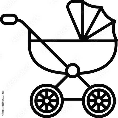 A simple line drawing of a baby stroller with a canopy and wheels