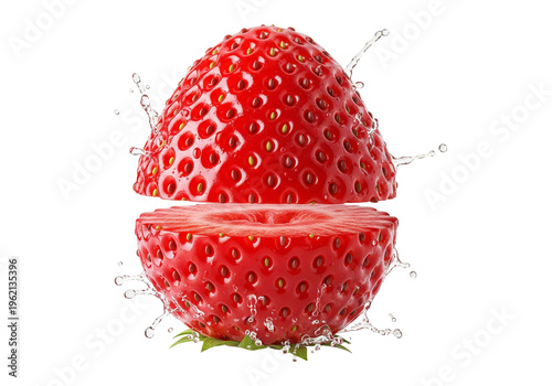 Sliced Strawberry with Water Splash on White Background