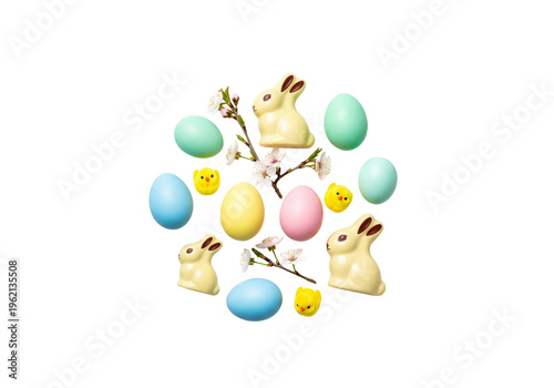 Easter Eggs, Chicks, and Chocolate Bunnies in Floral Circle Arrangement