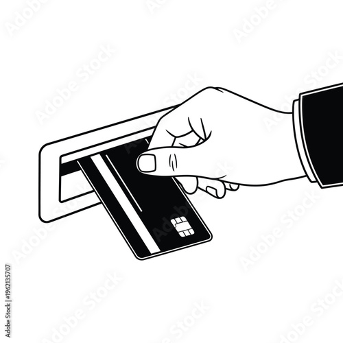 Hand inserting credit card into card reader slot, online payment and financial transaction concept, simple line art, point of sale