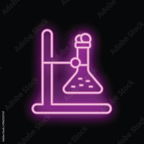 Neon sign icon of an erlenmeyer flask on a stand with bubbling liquid inside