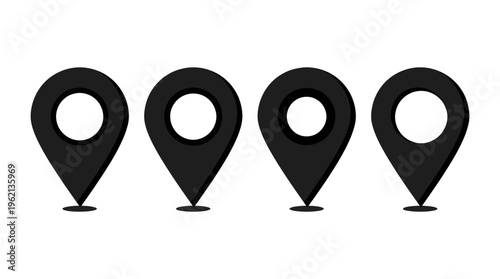 Minimalist black location pin icons with circular centers, jagged edges, transparent background, versatile for mapping, navigation, positioning, geographic communication.