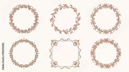 Six elegant floral and decorative frames and wreaths in a vintage style, perfect for design elements.