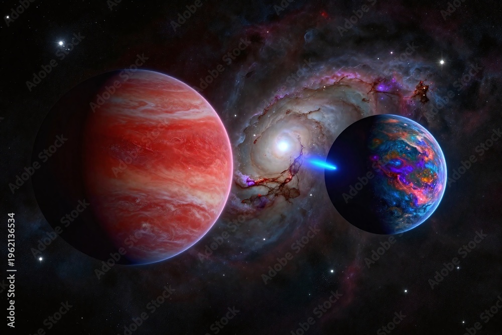 Naklejka premium two planets in space with stars and nebula in the background