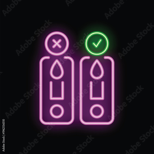 Bright neon icon of two express tests for determination of antibodies or antigens to virus, one showing positive, other showing negative result
