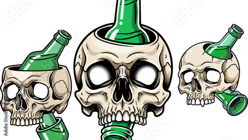 Edgy skull and green glass bottle vector illustration, gothic skeleton head with beer bottle, macabre tattoo style art for apparel and posters