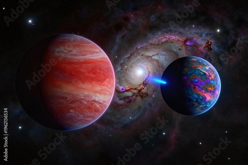 two planets in space with stars and nebula in the background