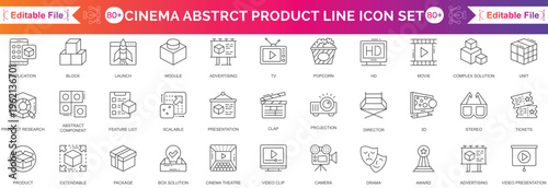 Cinema Product icon set of web icons in line style. Movie and Film linear icon collection. Containing video, movie theater, 3d, vr, popcorn, ticket, director, soundtrack and more. Editable stroke