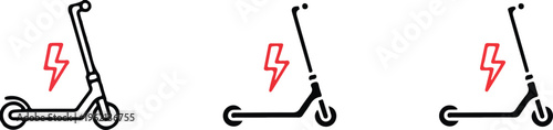 Electric kick scooter icons set with charging flash symbol showing different line weights and solid silhouette.