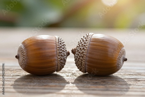 Two acorns sitting on top of a wooden table