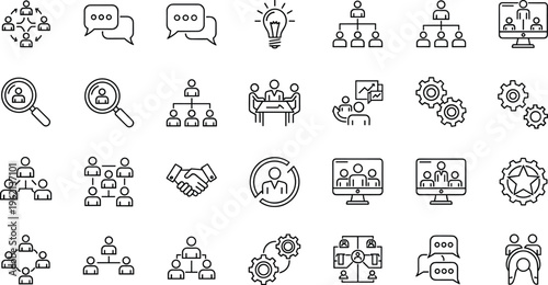 business teamwork icons set, communication collaboration symbols collection, meeting leadership hierarchy handshake chat organization, modern line vector design