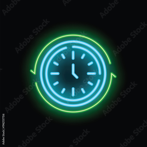 Neon clock is indicating a recurring event with two arrows going around it