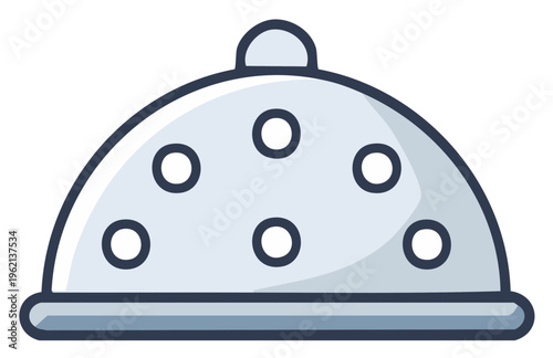 Cartoon illustration of a serving platter with dome lid and circular holes
