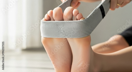 Person uses a yoga strap for stretching feet on floor. Hand holds a yoga strap assisting leg stretch, enhancing flexibility and body balance. Concept yoga strap for fitness, wellness.
