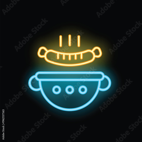 Neon icon of a sausage being warmed up in a pot with steam, perfect for representing cooking and food