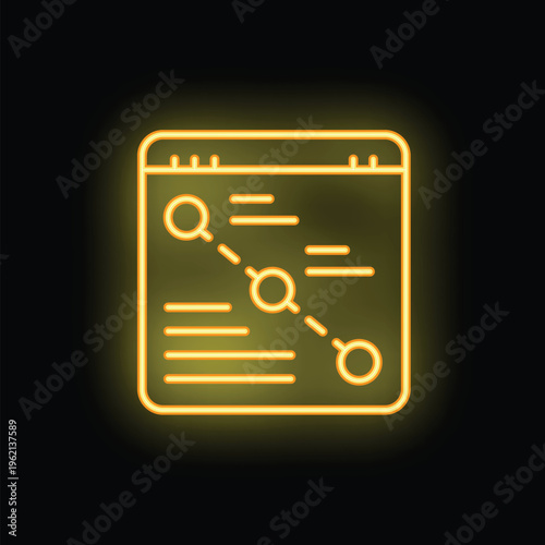 Glowing neon icon of a website with a search bar and connected dots representing search engine optimization and website analysis