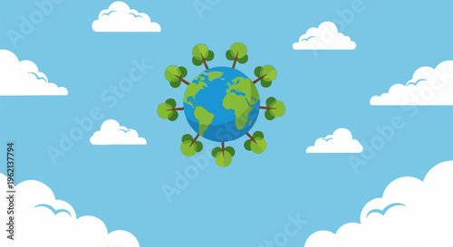 Eco-friendly earth globe with green trees in blue sky, environmental conservation concept vector, sustainable planet earth with clouds