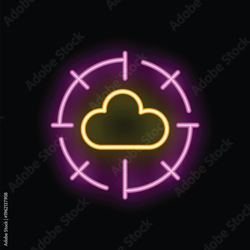 Bright neon sign showing a yellow cloud icon being targeted in the crosshairs of a gun sight