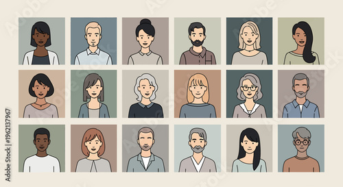 Modern flat design avatar collection, depicting a varied group of people for digital identity, social media, and virtual community representation