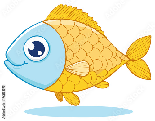 Cartoon gold fish illustration with big eye, blue head, yellow fins and scales