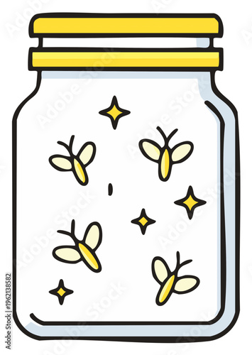 Cute Cartoon Fireflies Trapped in a Jar with Sparkles