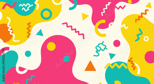 Retro 90s Memphis style background, colorful abstract geometric pattern with fluid liquid shapes, vibrant pop art vector illustration for posters