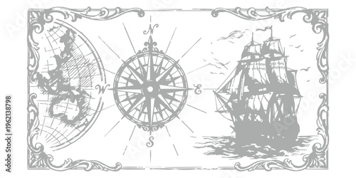 Vintage nautical map design with compass rose, sailing ship, and decorative ornamental border frame