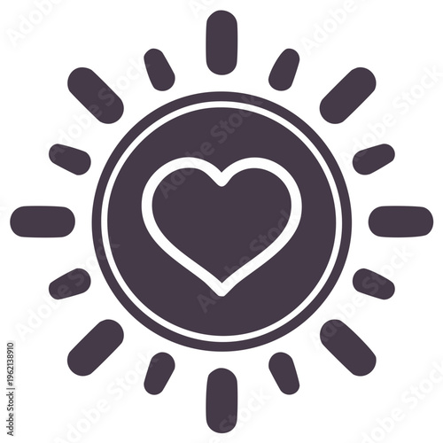 Heart symbol in sunburst, Love, care, positivity, vector design