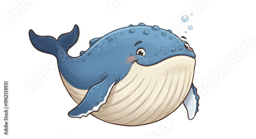 Cute Smiling Blue Whale Cartoon Character Isolated on White Background