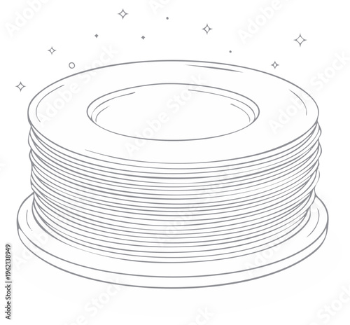 Stack of Clean Dishes Sparkling with Stars Simple Line Drawing