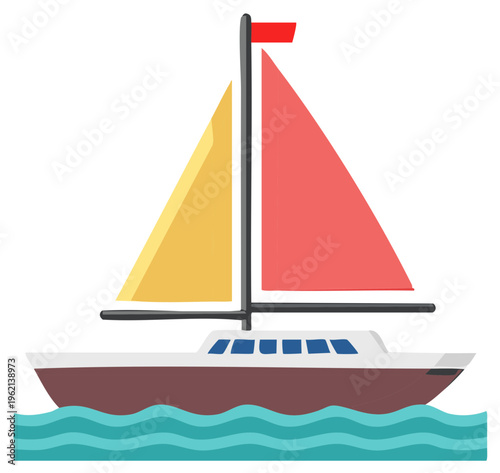 Vibrant flat design sailboat illustration with red and yellow sails on blue wavy water