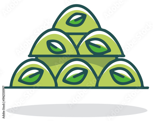 Green pyramids with leaves, illustration of dessert or food concept