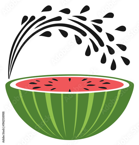 Watermelon slice with splashes and seeds, cartoon illustration