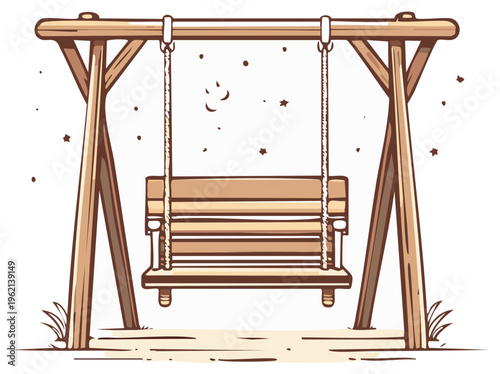 Wooden garden swing set suspended under a starry night sky with crescent moon