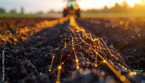 Abstract precision agriculture concept featuring a tractor in a plowed field at sunset with a glowing digital network grid embedded in the soil representing data-driven farming and agrotech