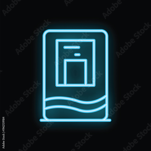 Blue glowing neon sign representing a water cooler with water bottles on a black background