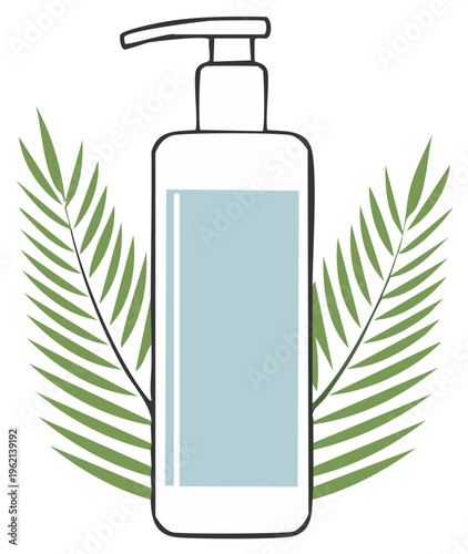 Hand drawn dispenser bottle with green palm leaves for cosmetic or hygiene products