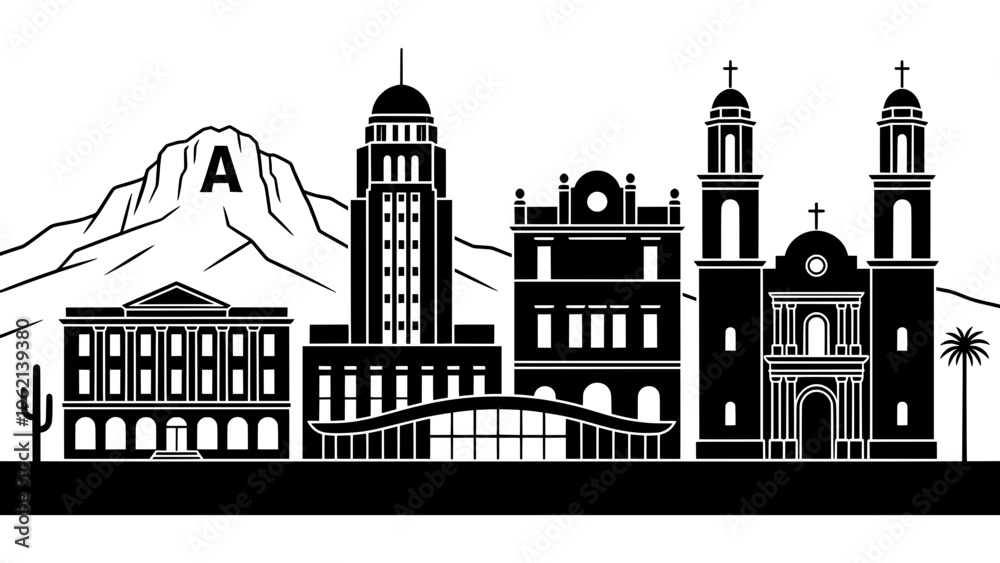 Fototapeta premium Tucson Arizona Skyline Illustration with Desert Mountains and Historic Architecture