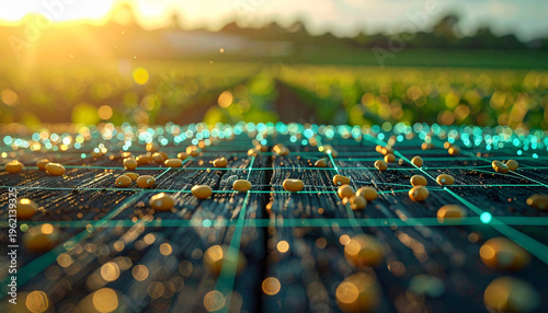 Large industrial grain warehouse with golden and green mounds of seeds connected by a digital neural network representing smart storage logistics and global agricultural supply chain.
