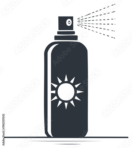 Monochrome sunscreen spray bottle icon with sun symbol, showing summer skin protection concept
