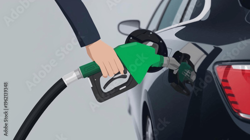 A person's hand refilling a dark car with a green fuel pump nozzle at a gas station.