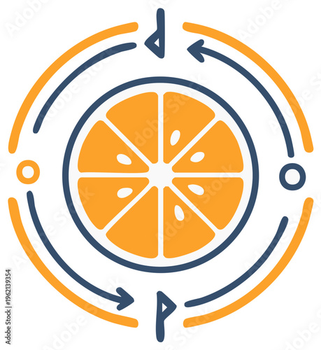 Fresh orange slice in a circular process icon for health and nutrition concept