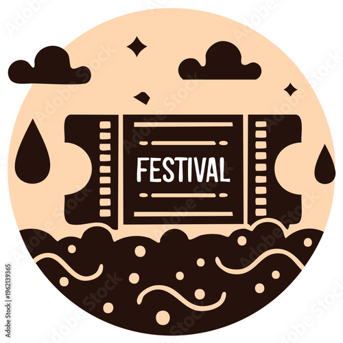 Stylized Festival Ticket Icon in a Circular Frame with Night Sky and Rain Illustration