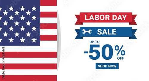 American flag with Labor Day sale elements including discount percentage on a white background, concept for holiday promotions, retail marketing, and e-commerce advertising.