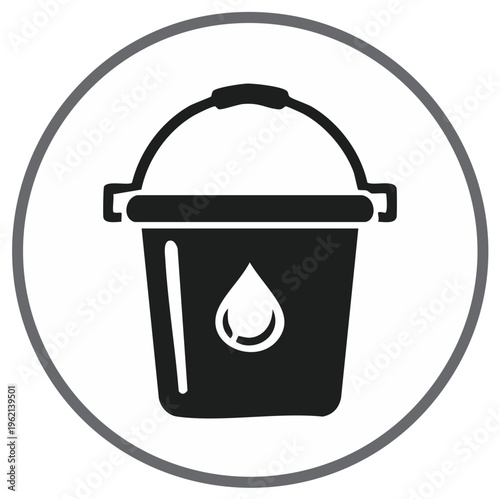 Black bucket icon with a water drop inside a gray circle, representing cleaning or wet work