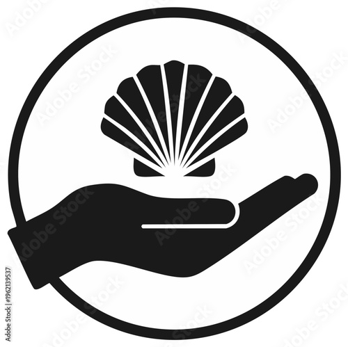 Black Hand Holding a Seashell in a Circle: Illustration for Seafood or Tourism