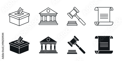 Black and white illustrations of voting and legal icons
