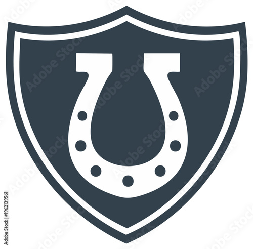 Shield icon with a horseshoe symbol in a contrasting color, a logo or emblem design.