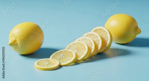 Fresh yellow lemons and slices on light blue background with copy space