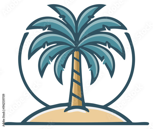 Cartoon palm tree icon on island with arc graphic element, symbol, logo concept for travel or tropical themes.